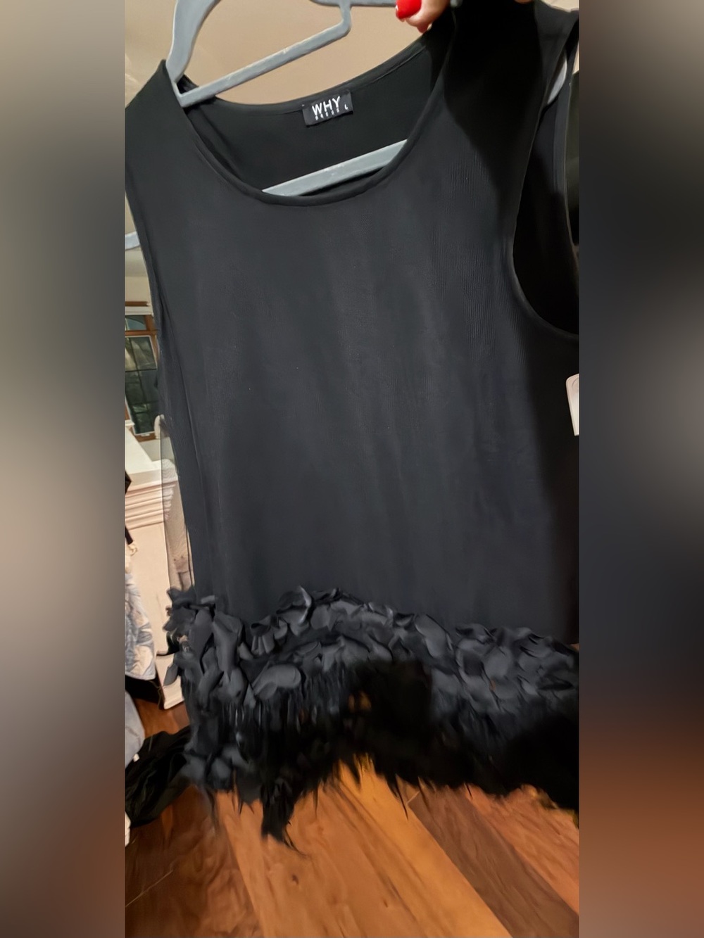 White House Black Market Black Sleeveless Top with Feathered Hem